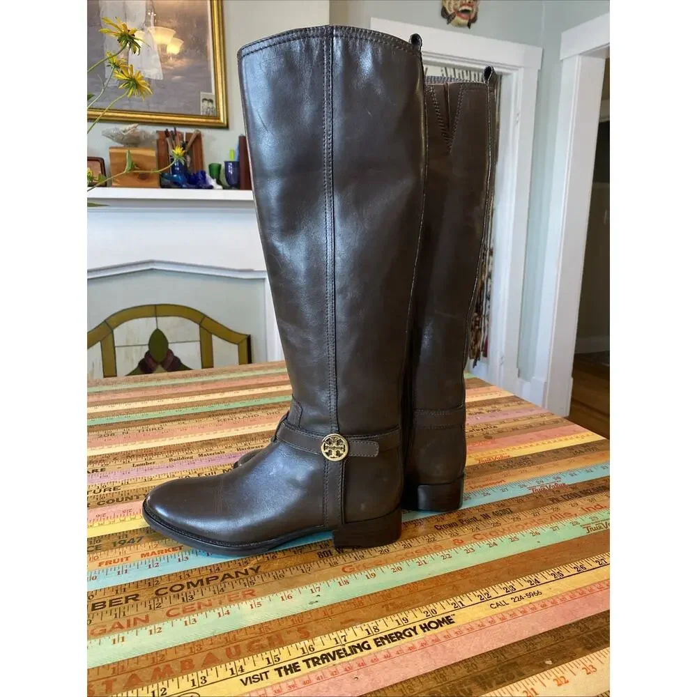 Tory Burch Bristol Brown Leather Riding Harness Boot Size 7 equestrian High